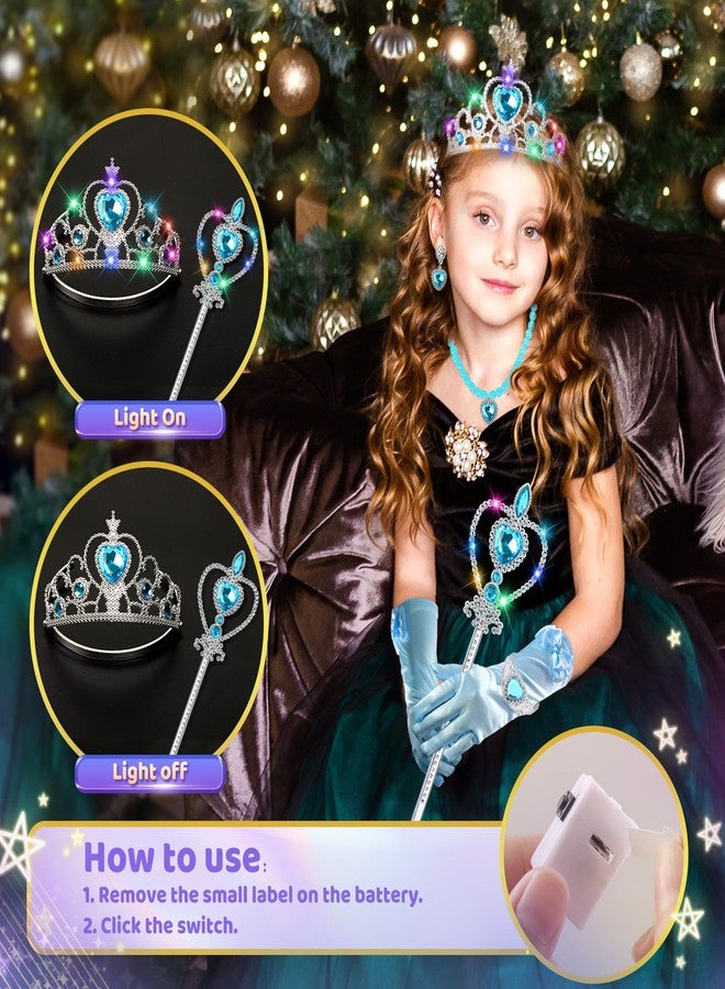 STOPKLAS Princess Dress Up Accessories, Light Up Wand Crown 7Pcs Princess Dress Up Set with Gloves Tiara Necklace Earrings Bracelet and Ring Gift Set for 3-6 Toddler Kids Girls Cosplay Party, Blue - Image 2